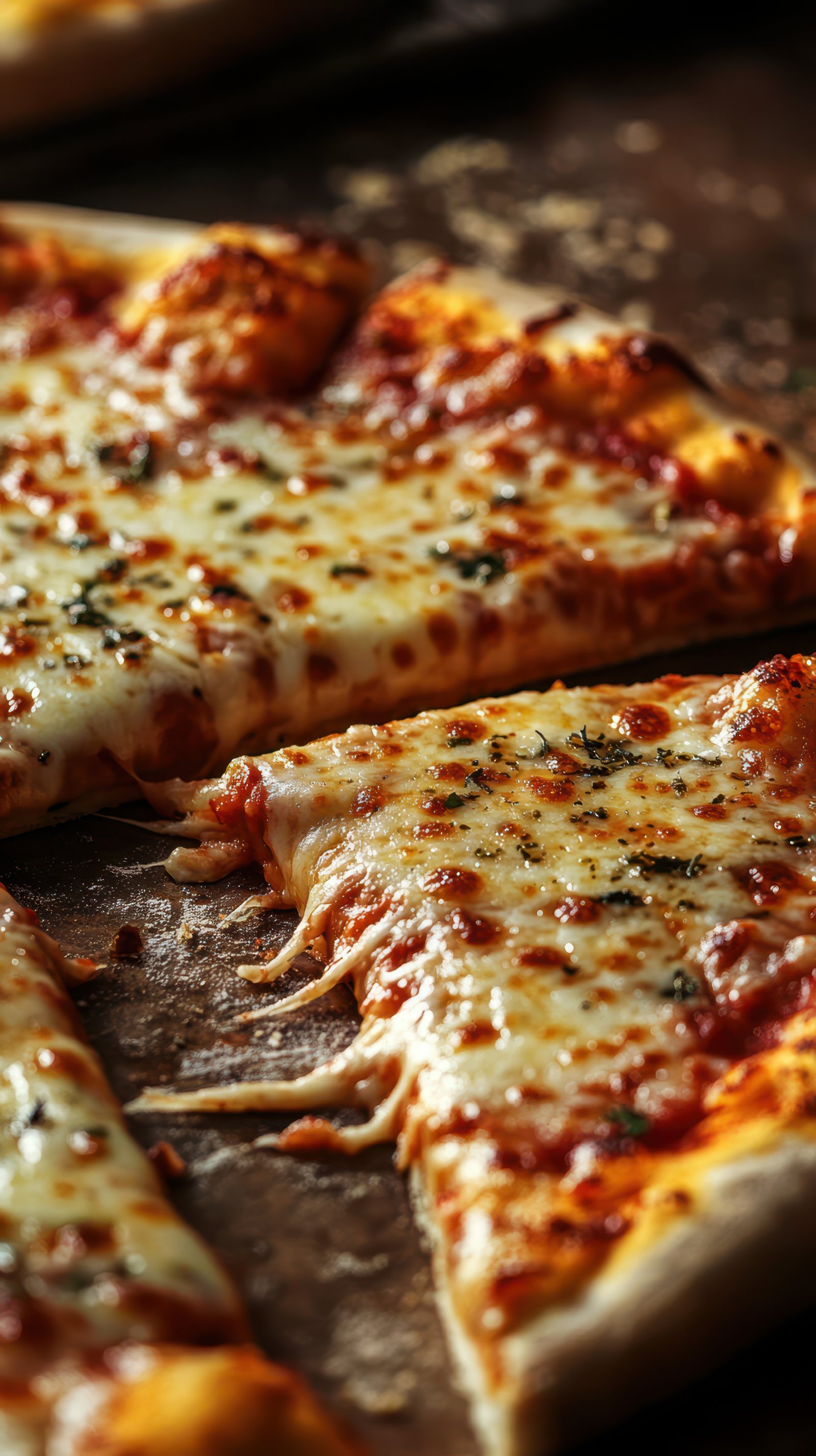 Cheesy pizza slices on a wooden table with delicious melted cheese and herbs on top
